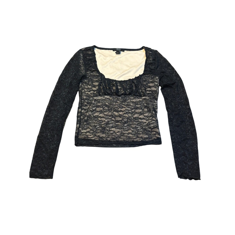 Whimsigoth Milkmaid Babydoll Black Lace Long Sleeve Lined Top Dark Romantic Goth